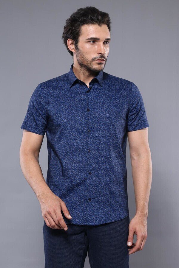 Patterned Short Sleeves Navy Blue Men Shirt