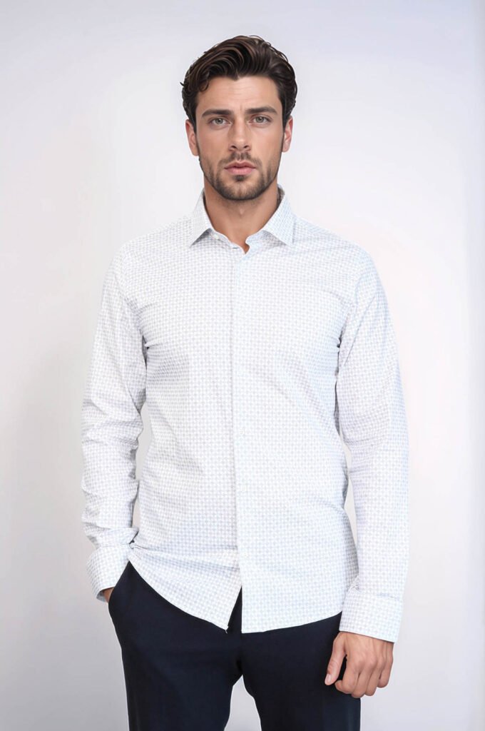 Houndstooth Pattern Slim Fit White Men Shirt