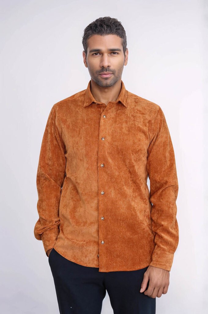 Brown Long Sleeves Velvet Men's Shirt