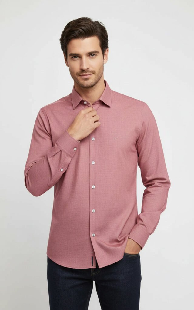 Plain Slim Fit Long Sleeves Salmon Color Men Shirt