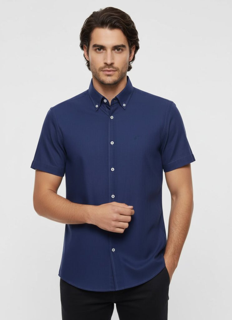 Linen Blend Short Sleeves Navy Blue Men Shirt