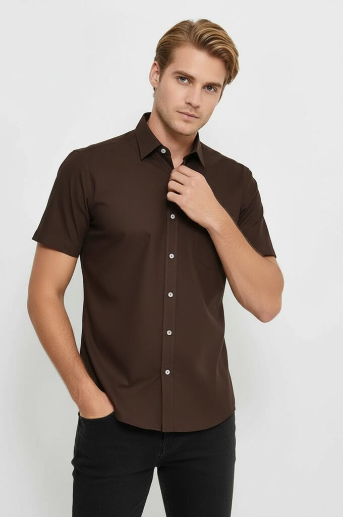 Plain Short Sleeves Brown Men Shirt