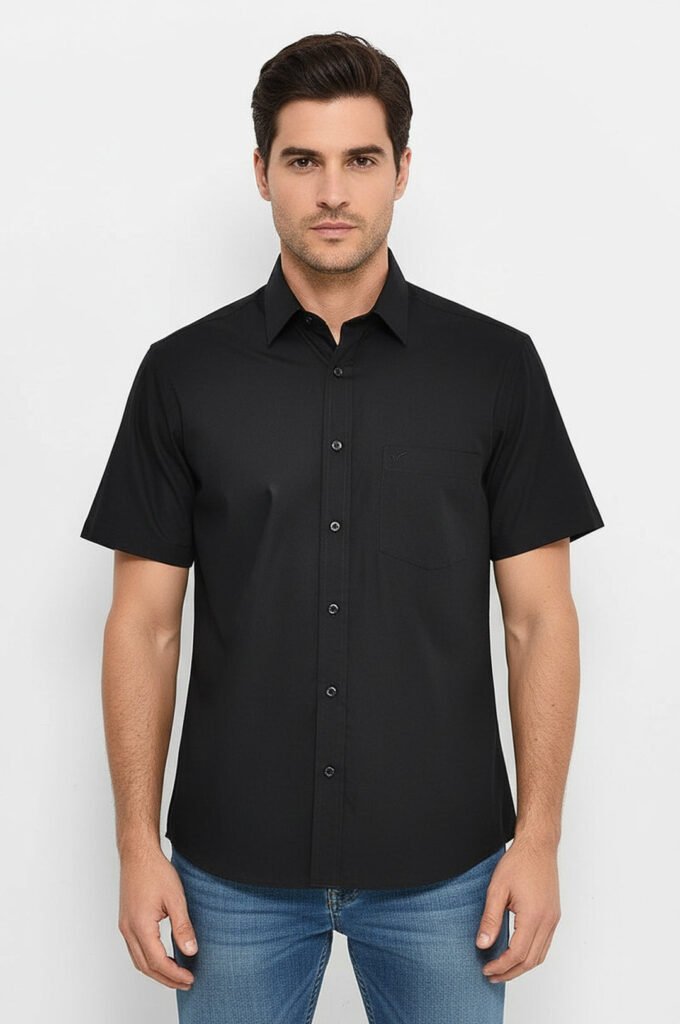 Plain Short Sleeves Black Men Shirt