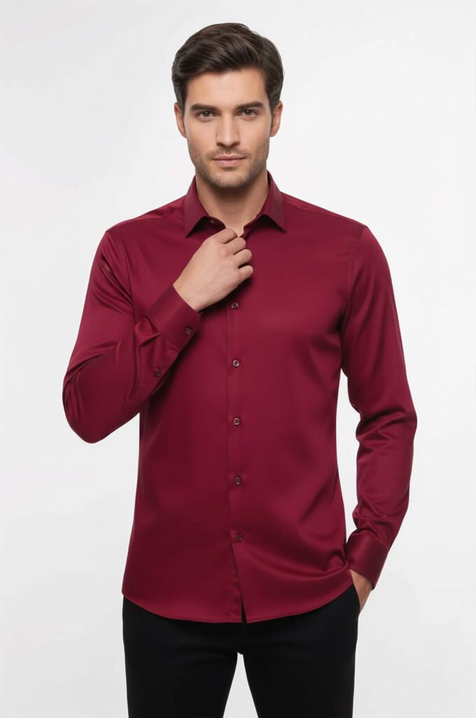 Slim Fit Long Sleeve Burgundy Men Shirt