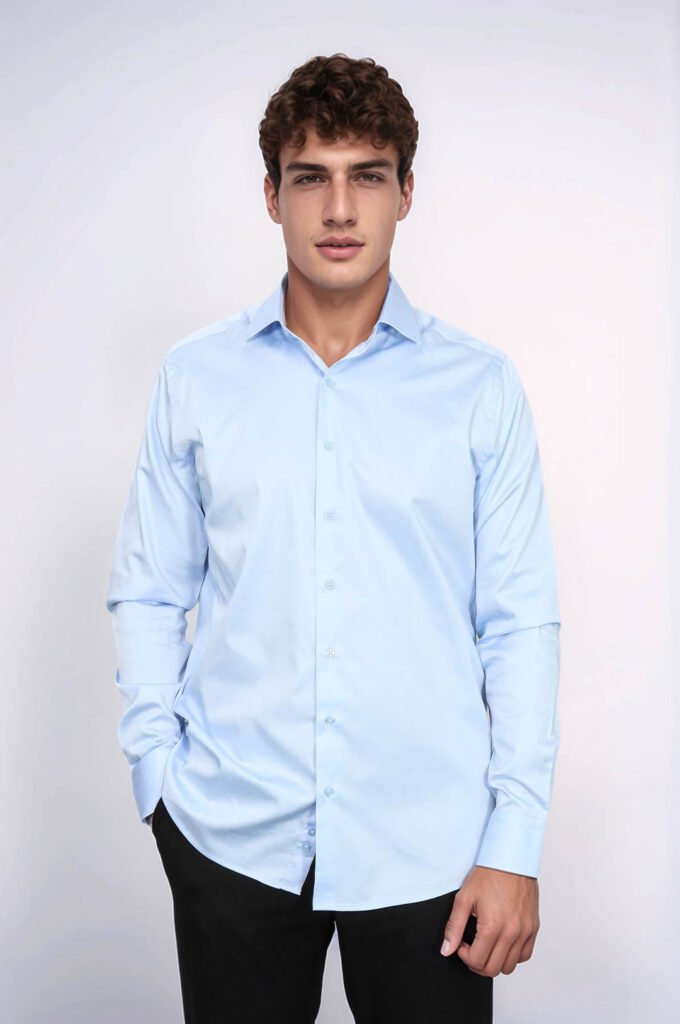 Cotton Satin Sky Blue Men Shirt