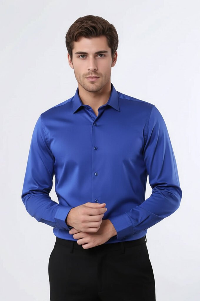 Cotton Satin Slim Fit Blue Men Shirt
