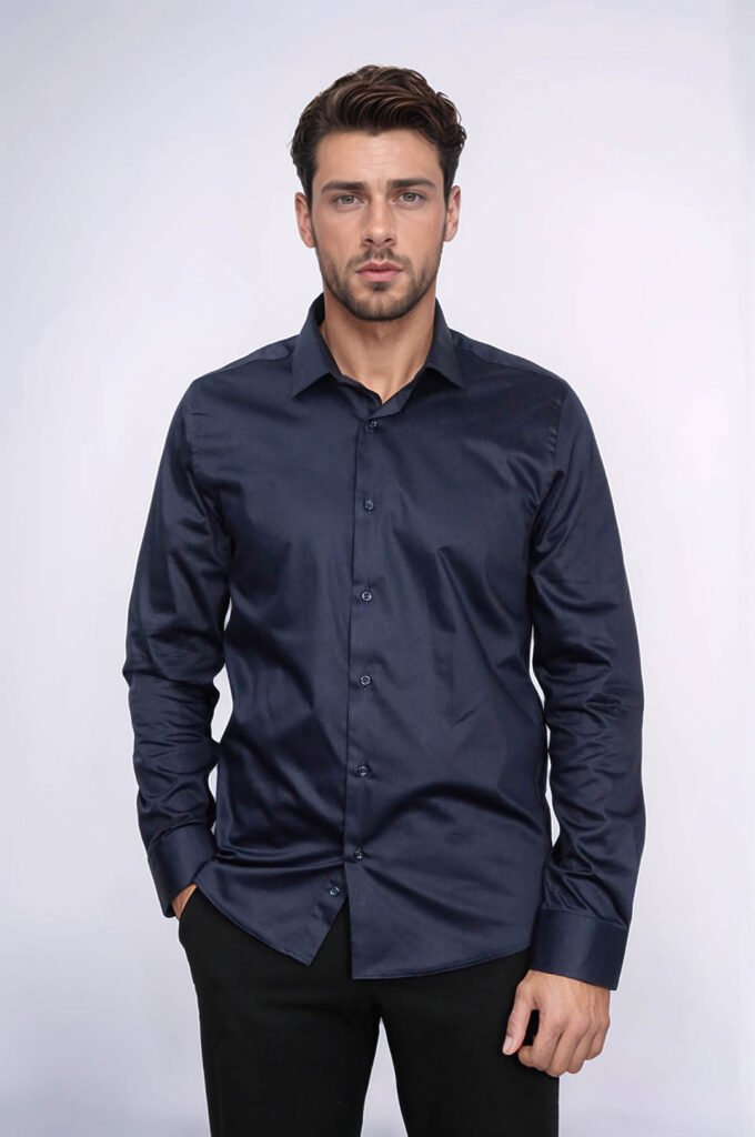 Cotton Satin Slim Fit Long Sleeves Plain Navy Blue Men Shirt