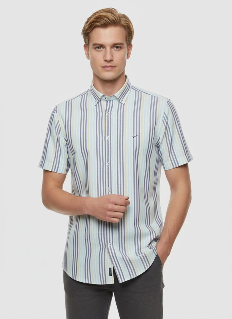 Striped Short Sleeves Men Blue Shirt