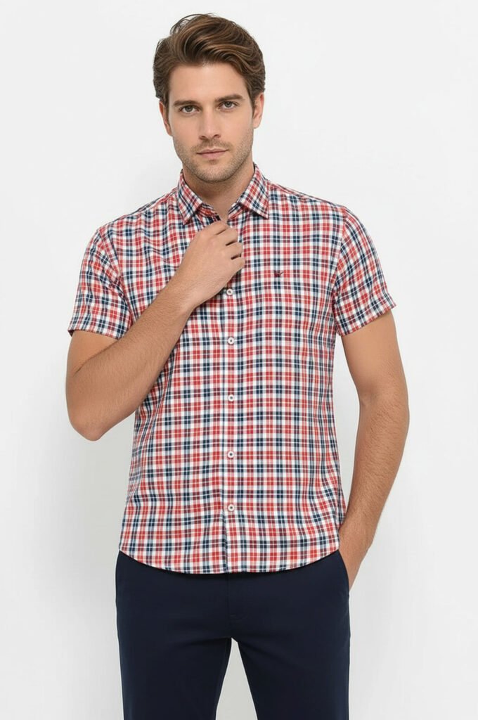Checked Short Sleeves Navy Blue Men Shirt