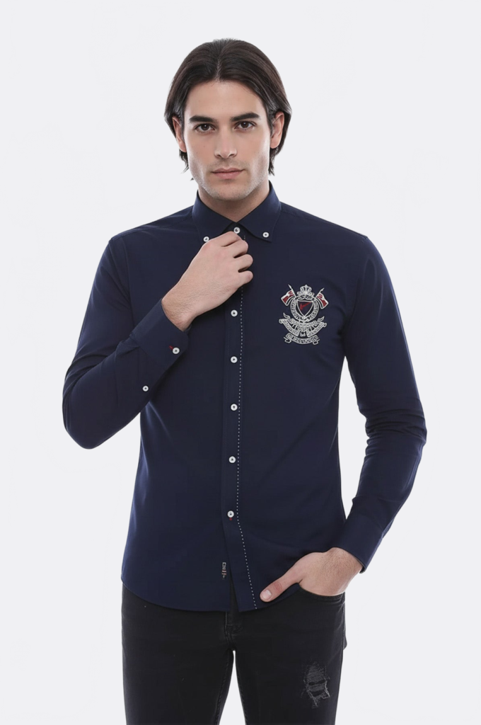 Emblemed Long Sleeve Navy Blue Shirt