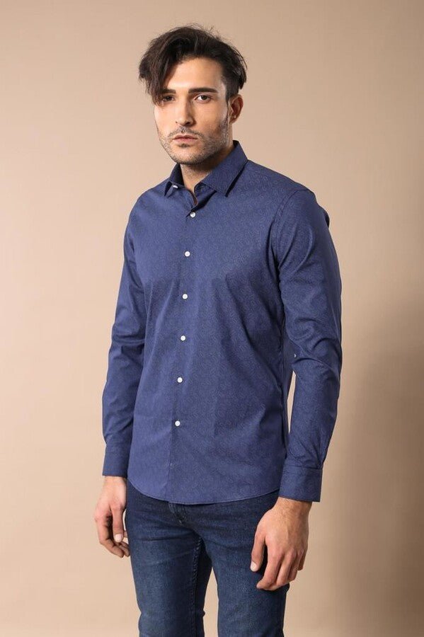 Navy Blue Floral Patterned Slim Fit Shirt