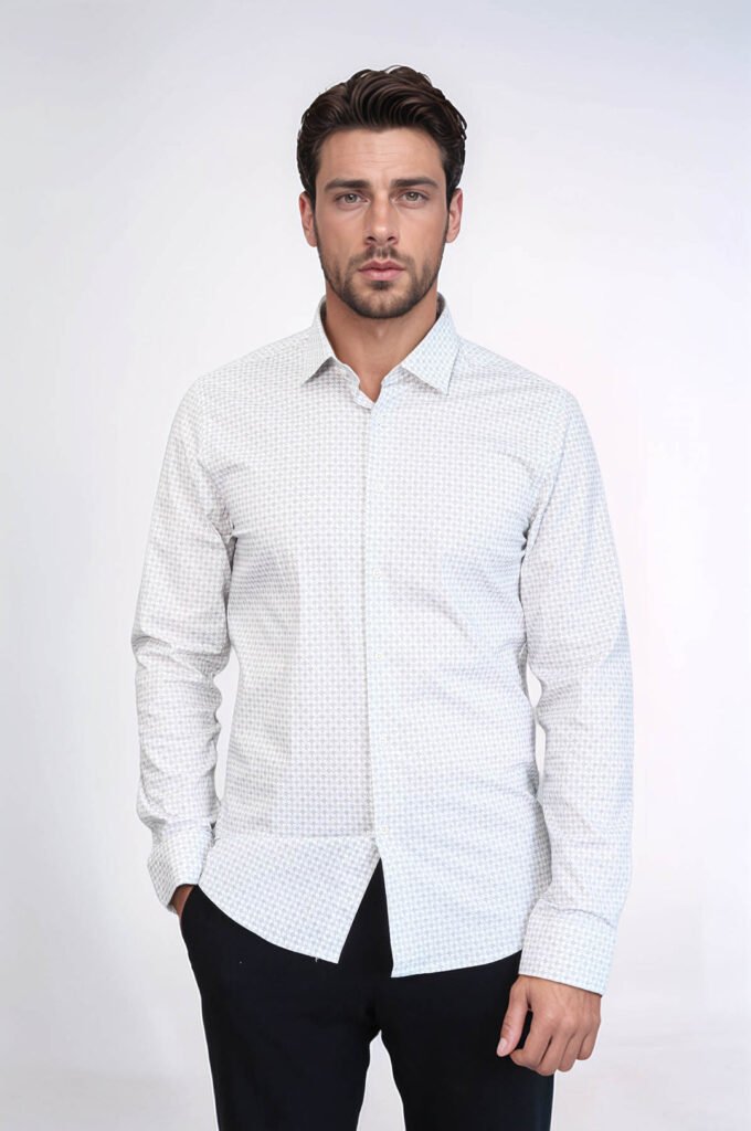 Houndstooth Pattern Slim Fit Ecru Men Shirt