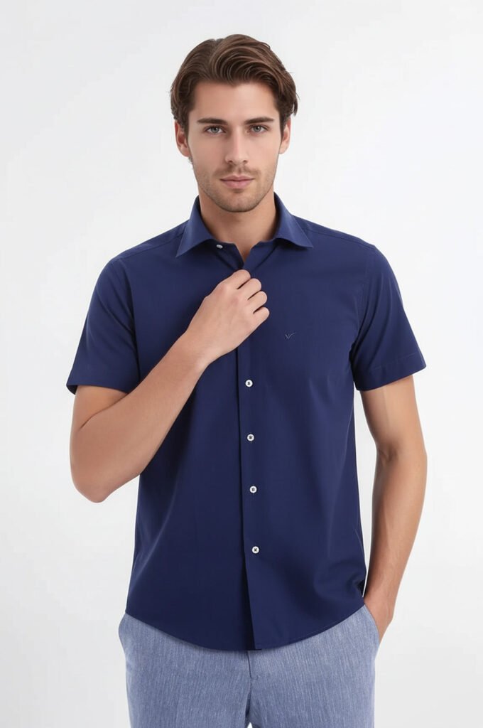 Short Sleeve Poly Cotton Slim Fit Navy Blue Men Shirt