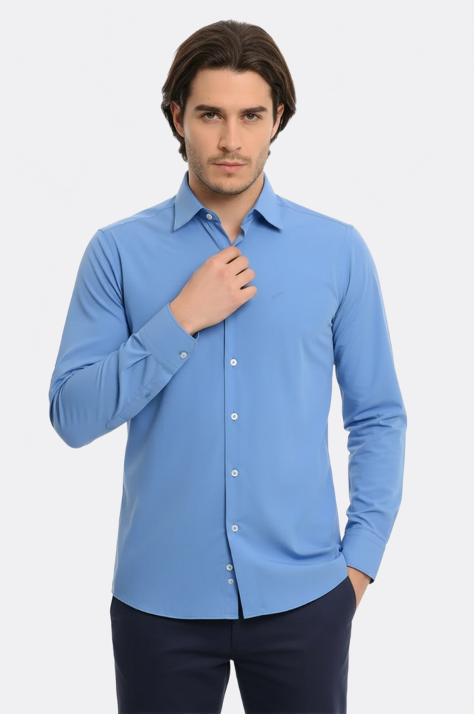 Plain Cotton Satin Blue Shirt