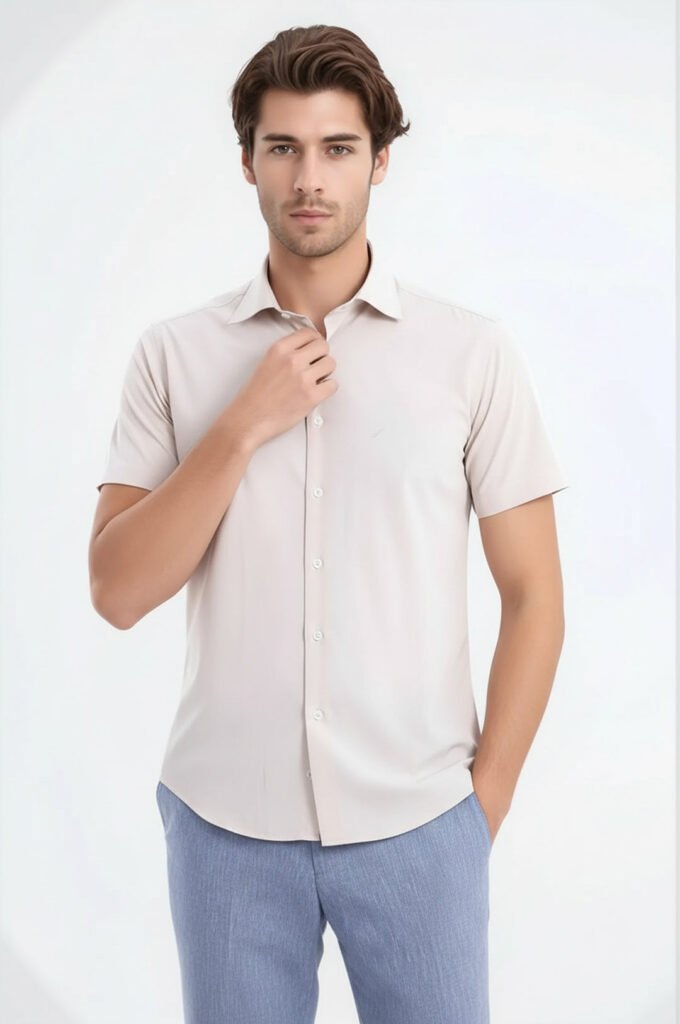 Short Sleeves Poly Cotton Slim Fit Cream Men Shirt