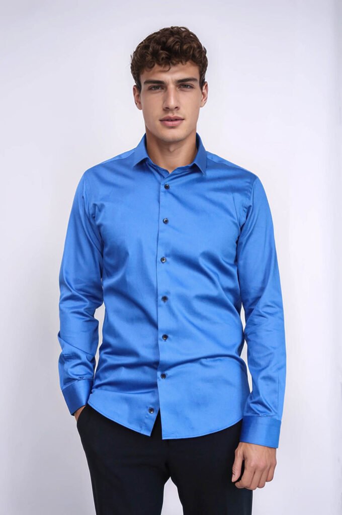 Cotton Satin Slim Fit Blue Men Shirt