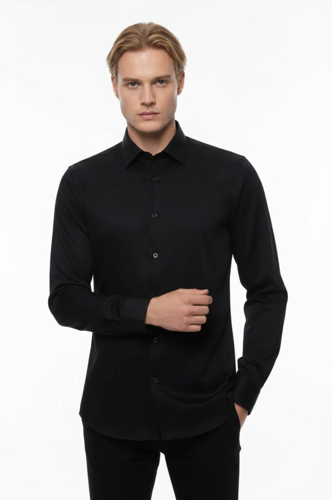 Cotton Satin Slim Fit Black Men Shirt