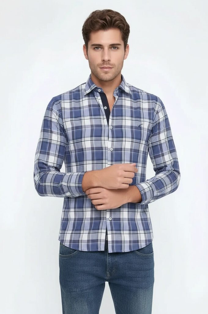 Slim Fit Plaid Patterned Navy Blue Shirt