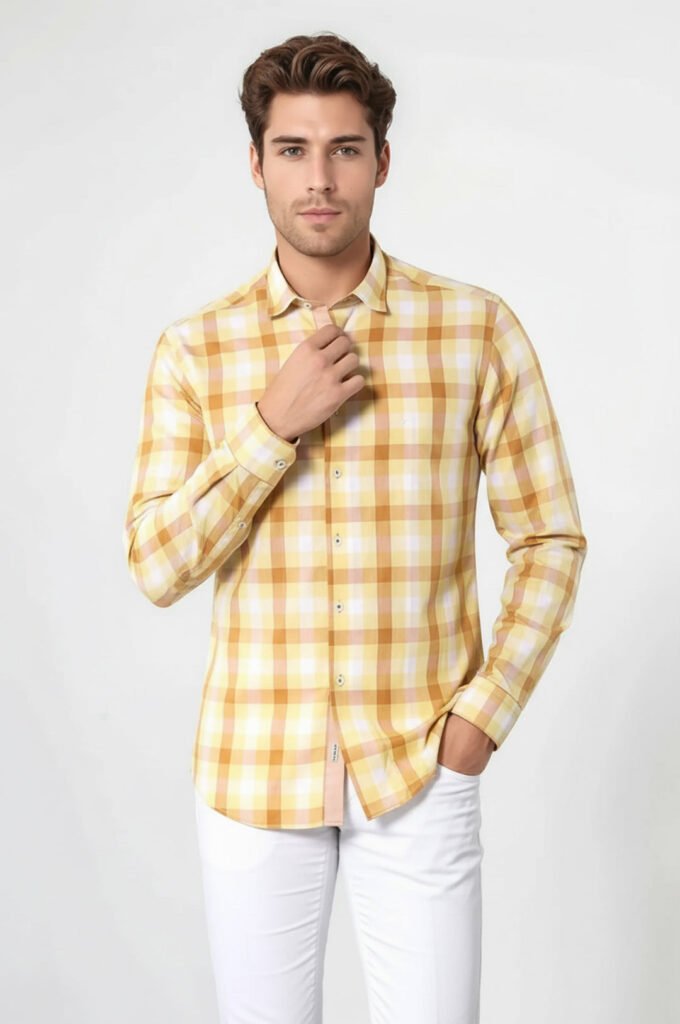 Slim Fit Plaid Patterned Yellow Shirt