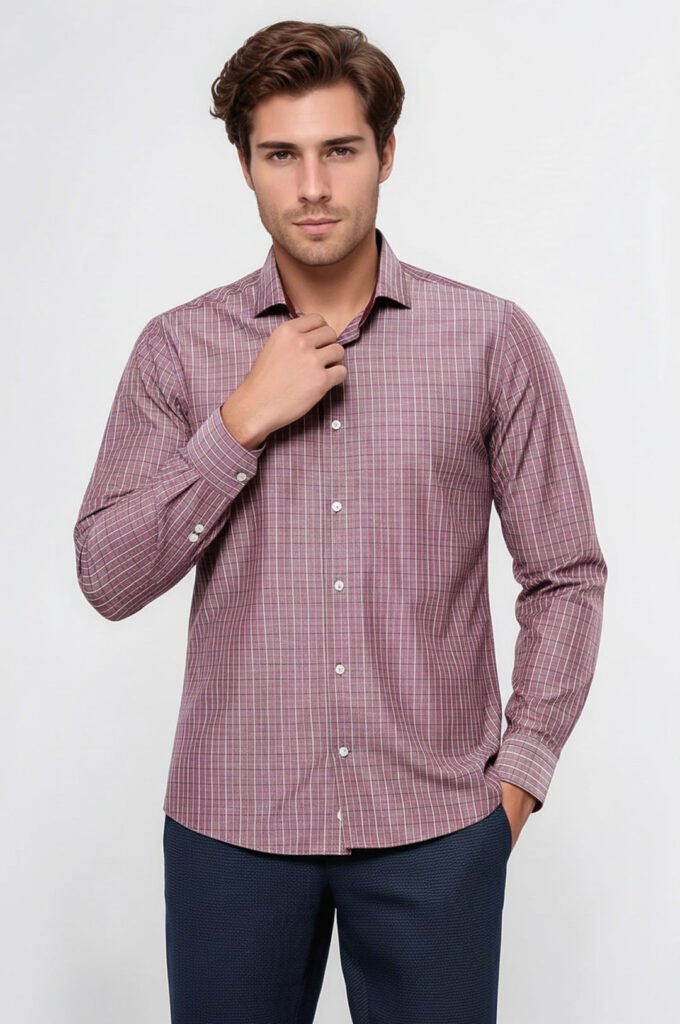 Slim-Fit Burgundy Plaid Shirt