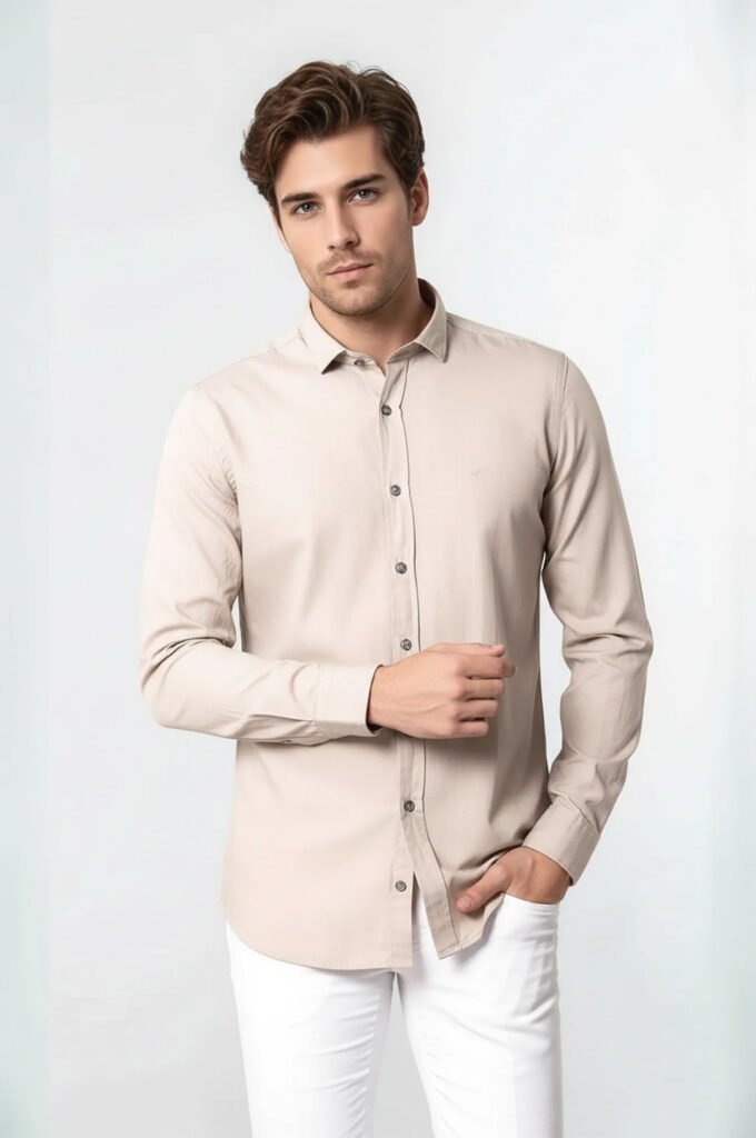 Patterned Cotton Slim Fit Beige Shirt