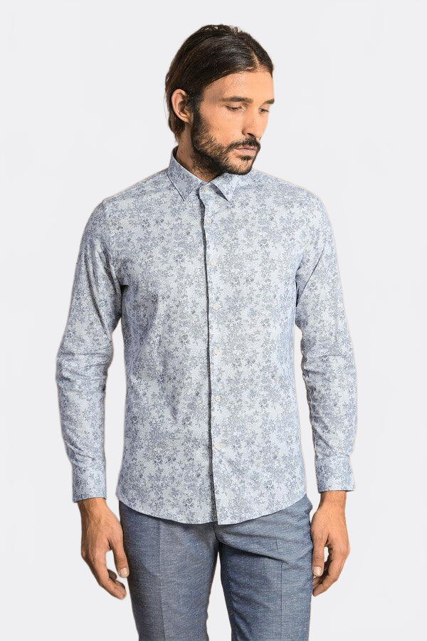 Grey Flower Patterned Slim Fit Shirt