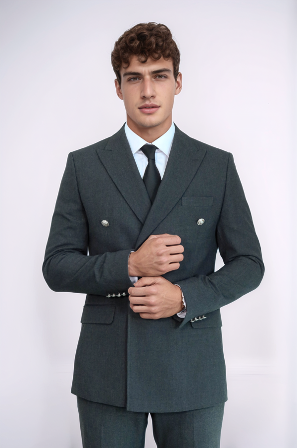 Modern Fit Double-Breasted Dark Grey Men’s Suit with Silver