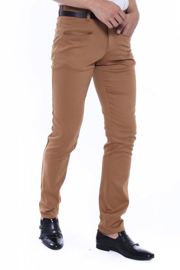 Patterned Slim Fit Cotton Tan Men Pants