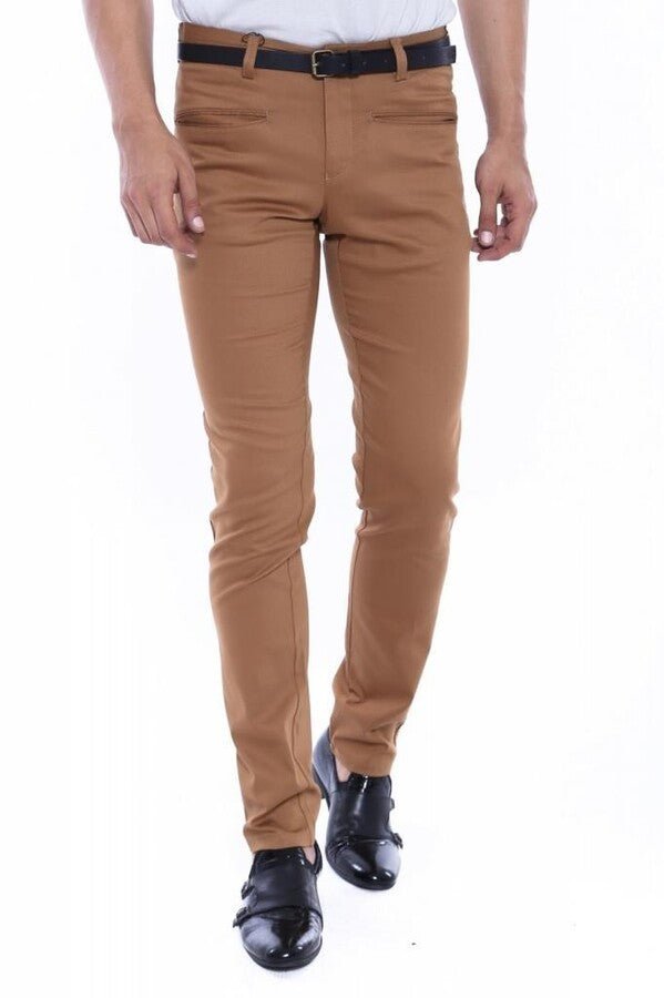 Patterned Slim Fit Cotton Tan Men Pants