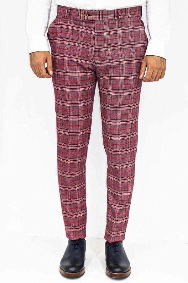 Plaid Slim Fit Burgundy Men Pants