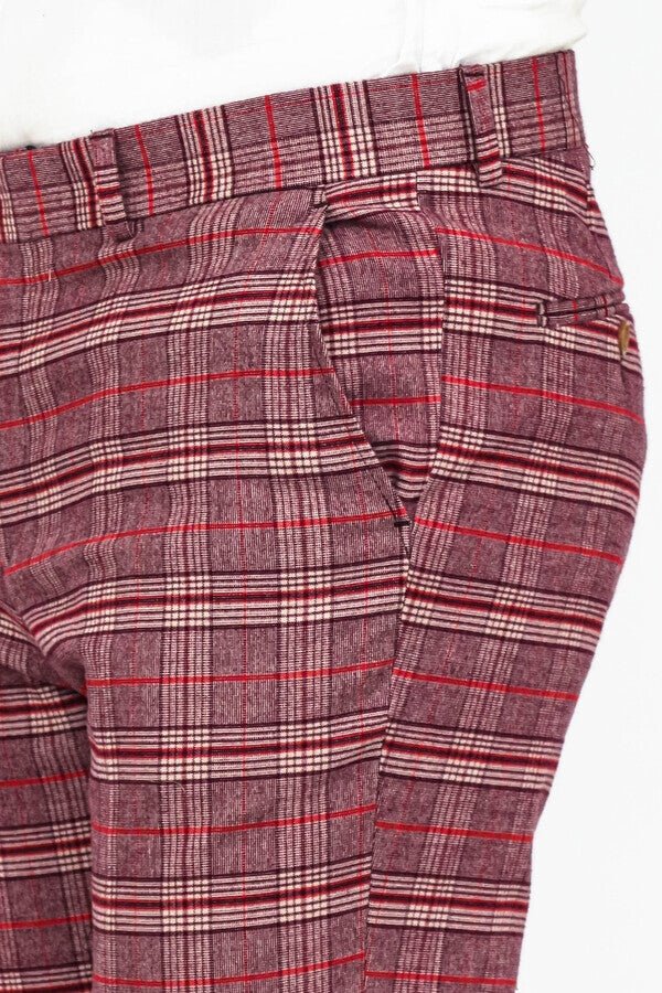 Plaid Slim Fit Burgundy Men Pants