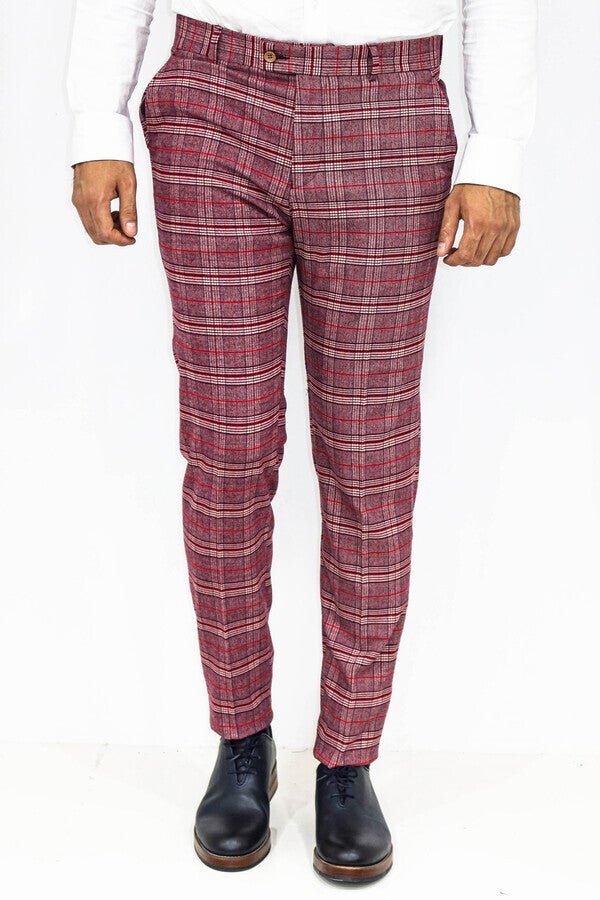 Plaid Slim Fit Burgundy Men Pants