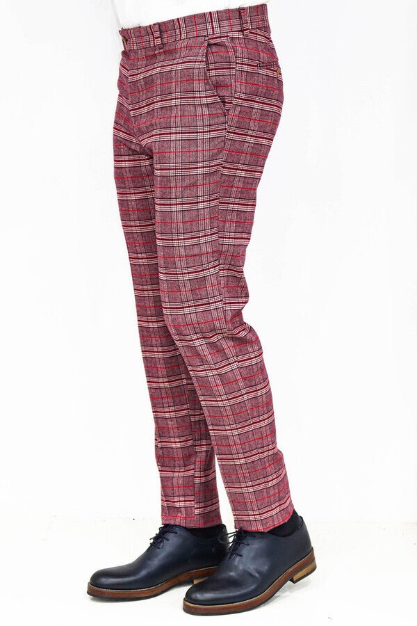 Plaid Slim Fit Burgundy Men Pants