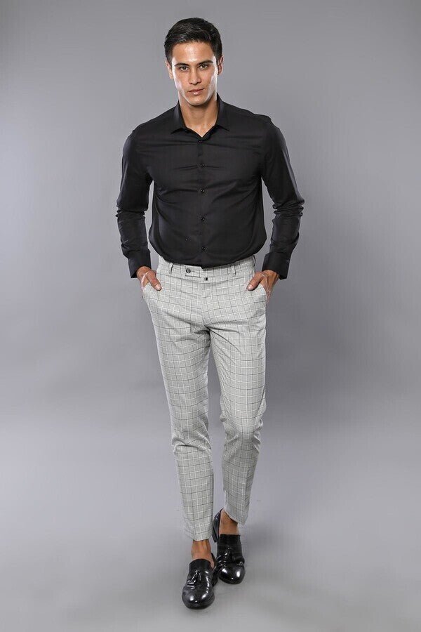 Plaid Slim-Fit Light Grey Men Trousers