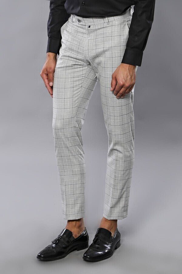 Plaid Slim-Fit Light Grey Men Trousers