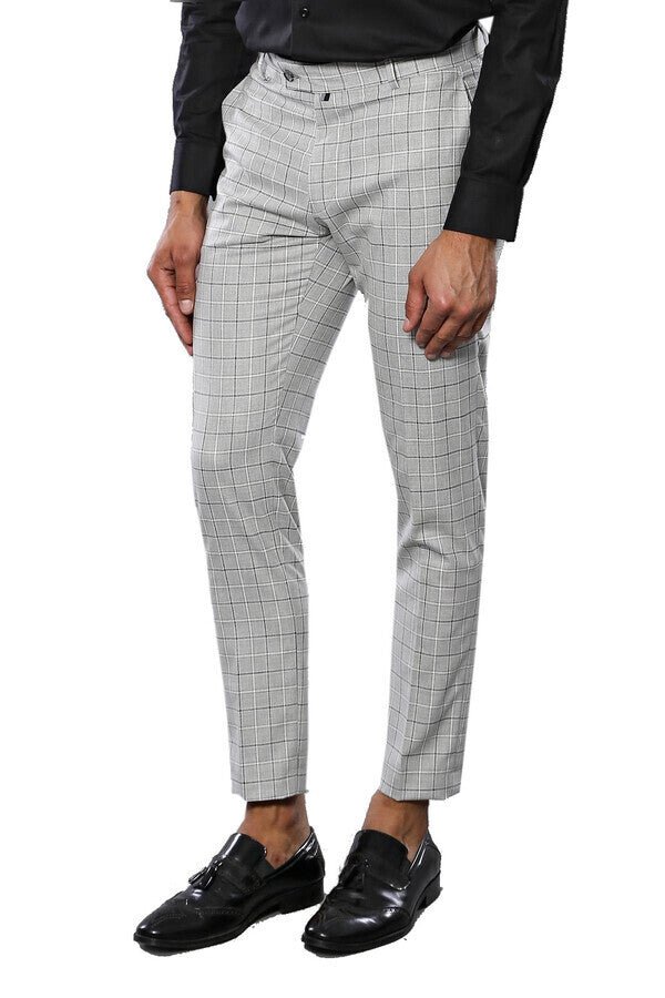 Plaid Slim-Fit Light Grey Men Trousers