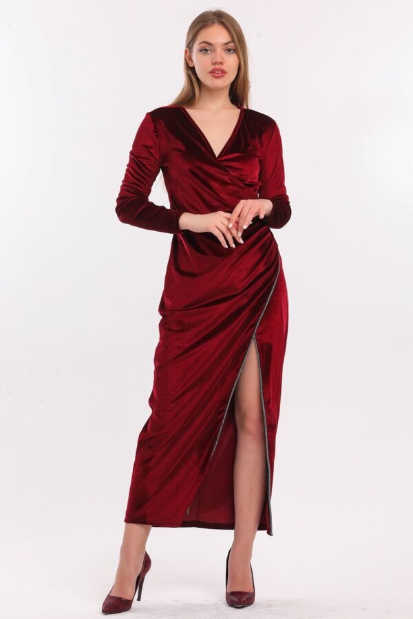 SNS Burgundy Wrap Long Sleeve Velvet Long Evening Dress