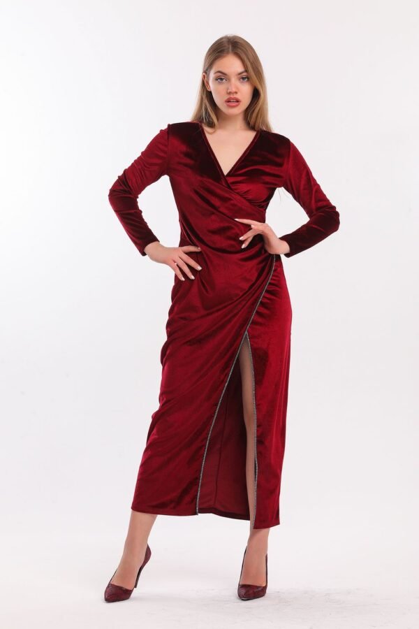 SNS Burgundy Wrap Long Sleeve Velvet Long Evening Dress