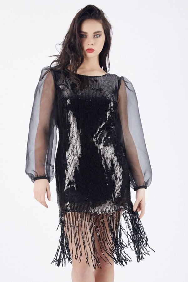 SNS Sense Black Organza Sequined Evening Dress