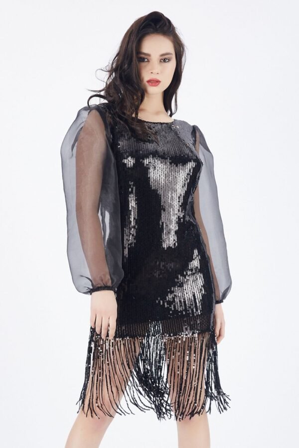 SNS Sense Black Organza Sequined Evening Dress