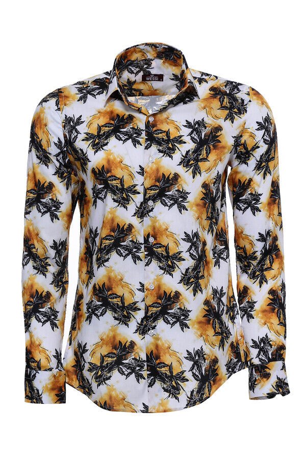 Yellow Black Leaf Patterned Long Sleeves White Men Shirt