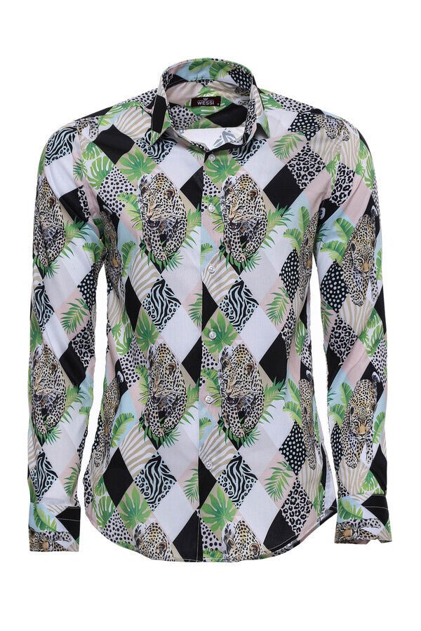 Leopard Pattern Long Sleeves Multicolor Men Shirt