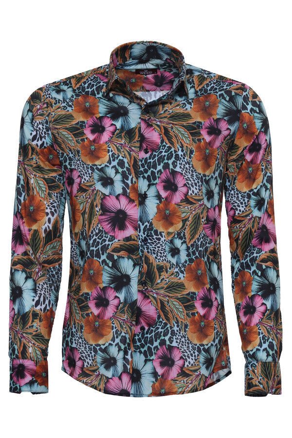 Floral Patterned Slim Fit Long Sleeves Multicolor Men Shirt
