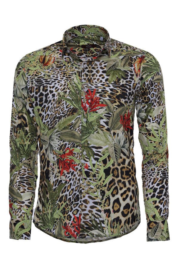 Tiger Patterned Slim Fit Long Sleeves Multicolor Men Shirt