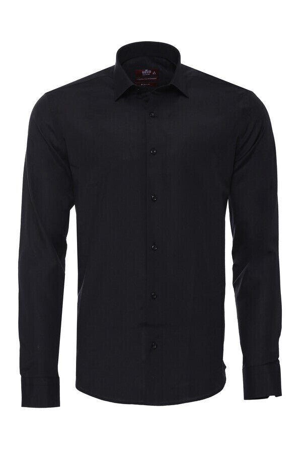 Plain Long Sleeves Regular Fit Black Men Shirt
