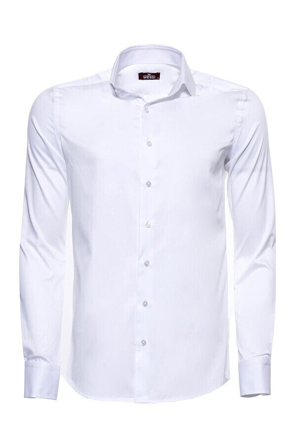 Cotton Satin Plain Slim Fit White Men Shirt