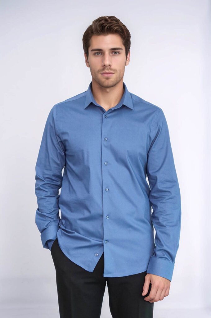 Long Sleeve Slim-Fit Navy Blue Men Shirt