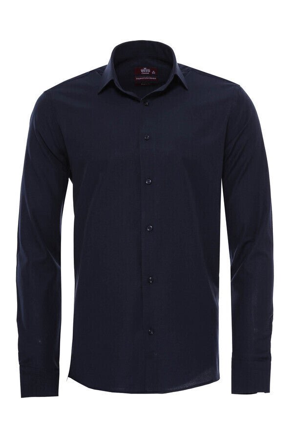 Plain Long Sleeves Regular Fit Navy Blue Men Shirt