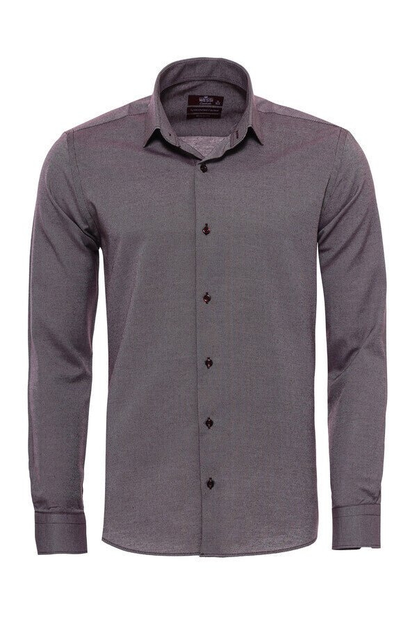 Burgundy Patterned Long Sleeves Slim-Fit Shirt