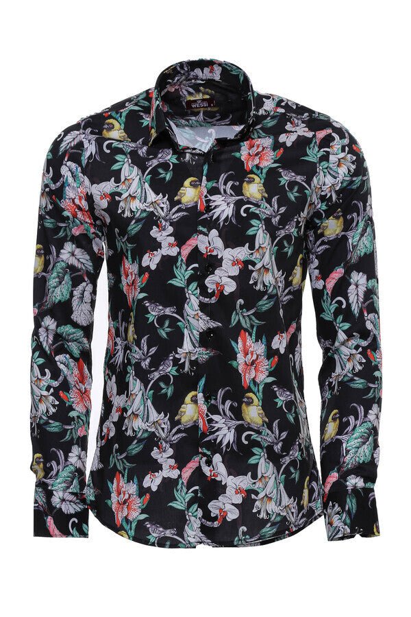 Floral Patterned Slim Fit Long Sleeves Black Men Shirt